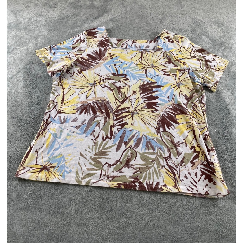 Coral Bay Woman 1X Tropical Palm Leaf Square Neck Short Sleeve‎ Top Brown Yellow